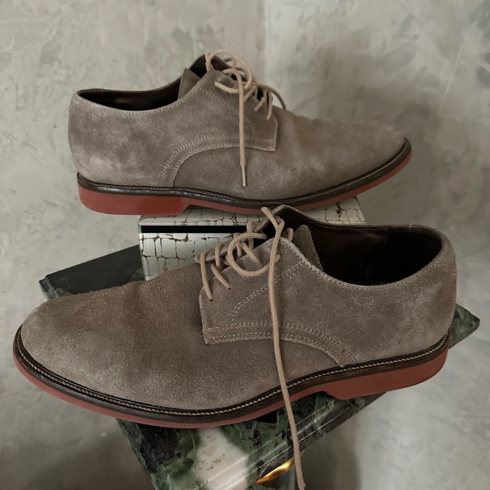 Nordstrom Taupe Suede Derby Shoes with Red-Brown Soles